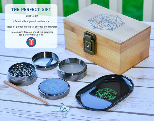 Vintage Stash Box Bundle - Ancient Symbol Design - Grinder - Rolling Tray - Airtight & UV Protecting Glass Jar - Accessory Gift Kit - Secure Storage Box - Lock & Key - Leaf-Way Brand Accessories_0